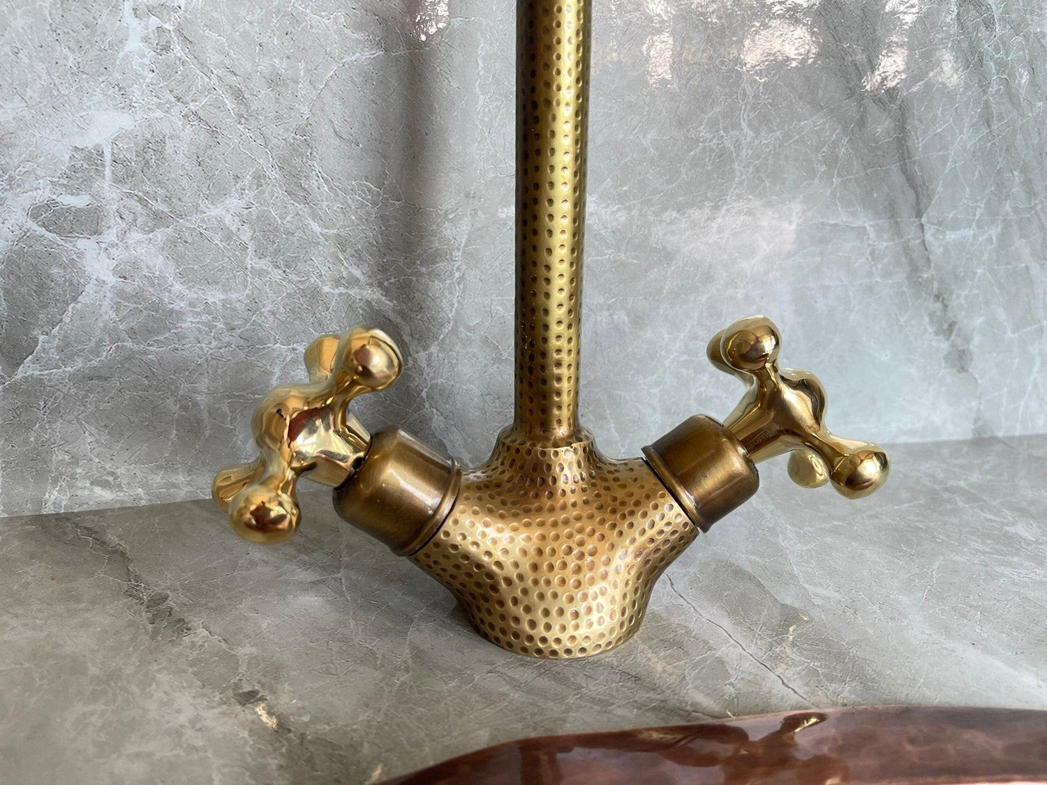 Hammered Unlacquered Brass Bathroom Faucet - Single Hole Gooseneck