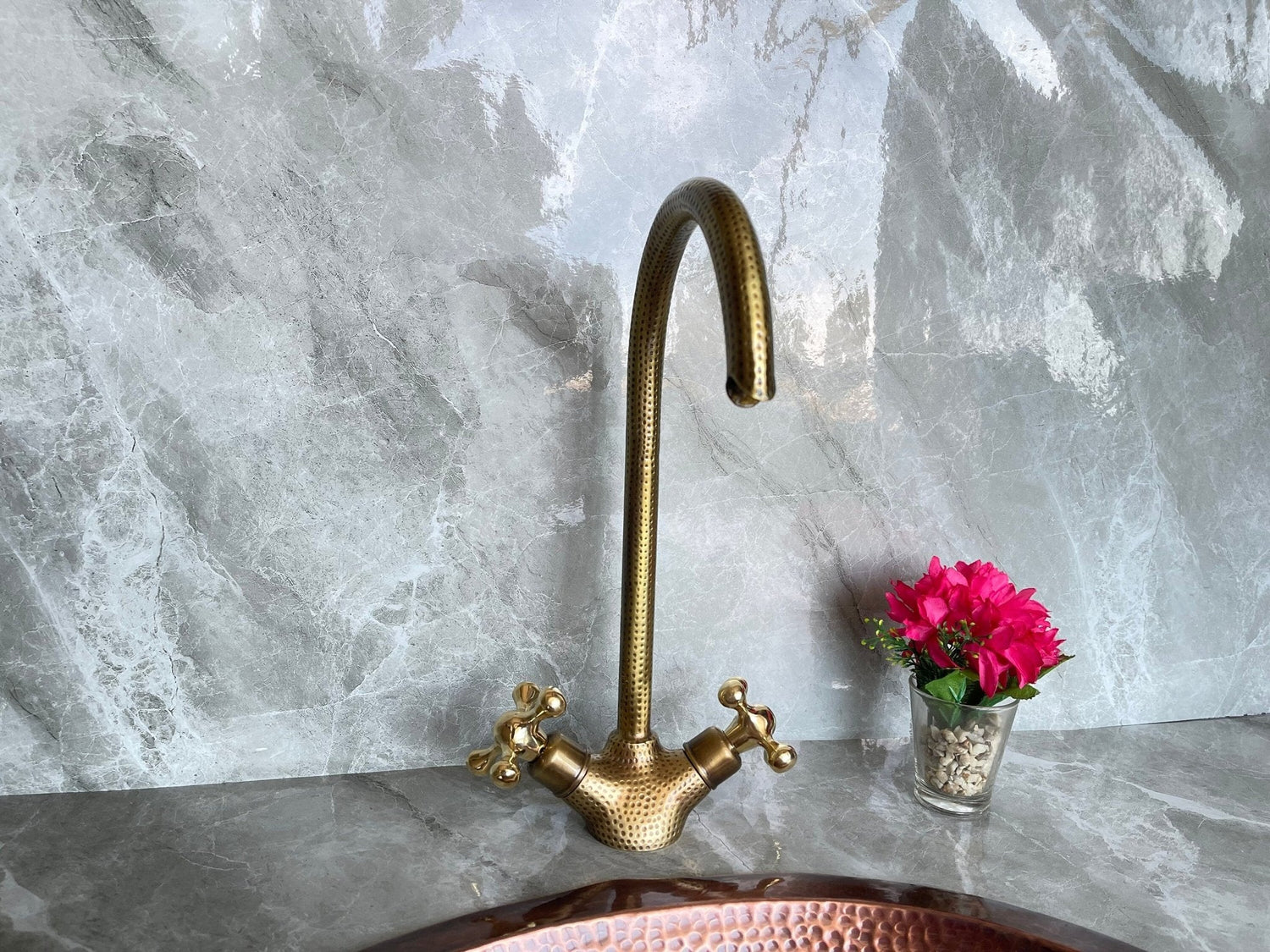 Hammered Unlacquered Brass Bathroom Faucet - Single Hole Gooseneck