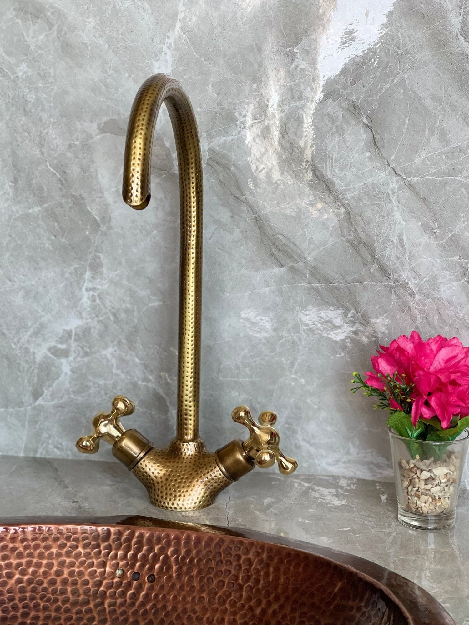 Hammered Unlacquered Brass Bathroom Faucet - Single Hole Gooseneck
