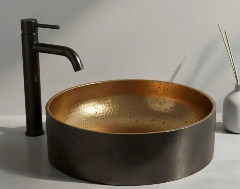 Hand-Hammered Black Patina Copper Vessel Sink - Golden Interior Contrast