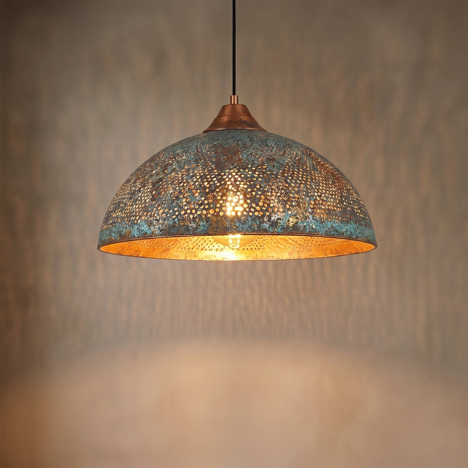 Hand-Hammered Blue Patina Copper Pendant Light