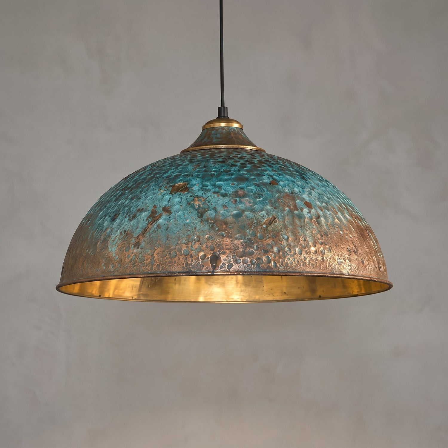 Hand-Hammered Brass Dome Pendant Light - Turquoise Patina Finish