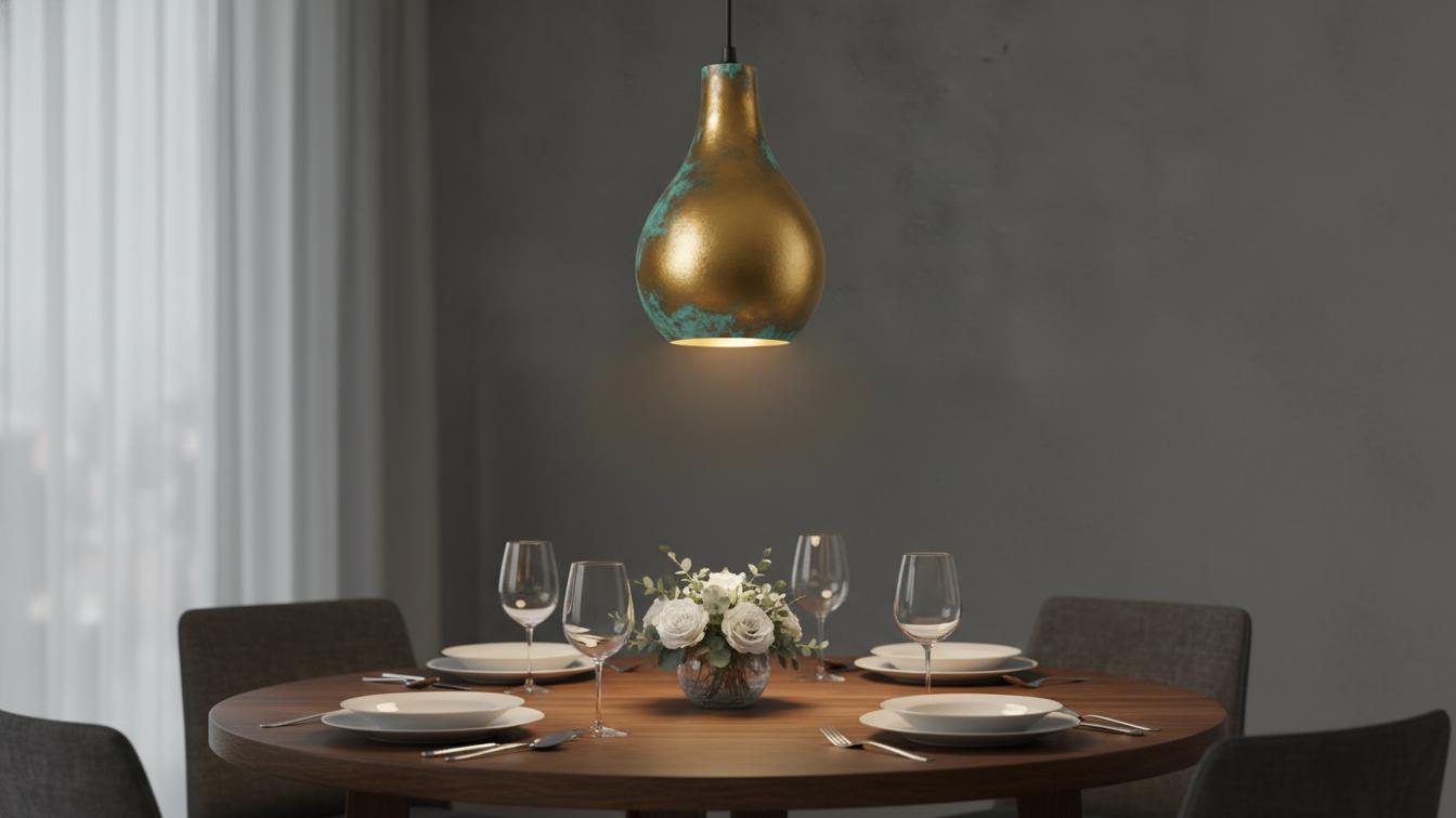 Hand-Hammered Brass Teardrop Pendant - Verdigris Patina Ceiling Lamp