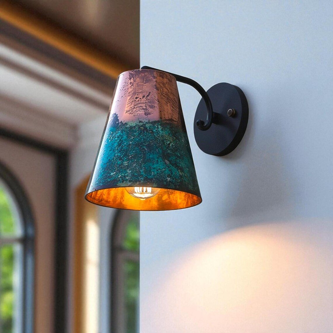 Hand-Hammered Conical Copper Wall Sconce - Blue-Green Patina Finish