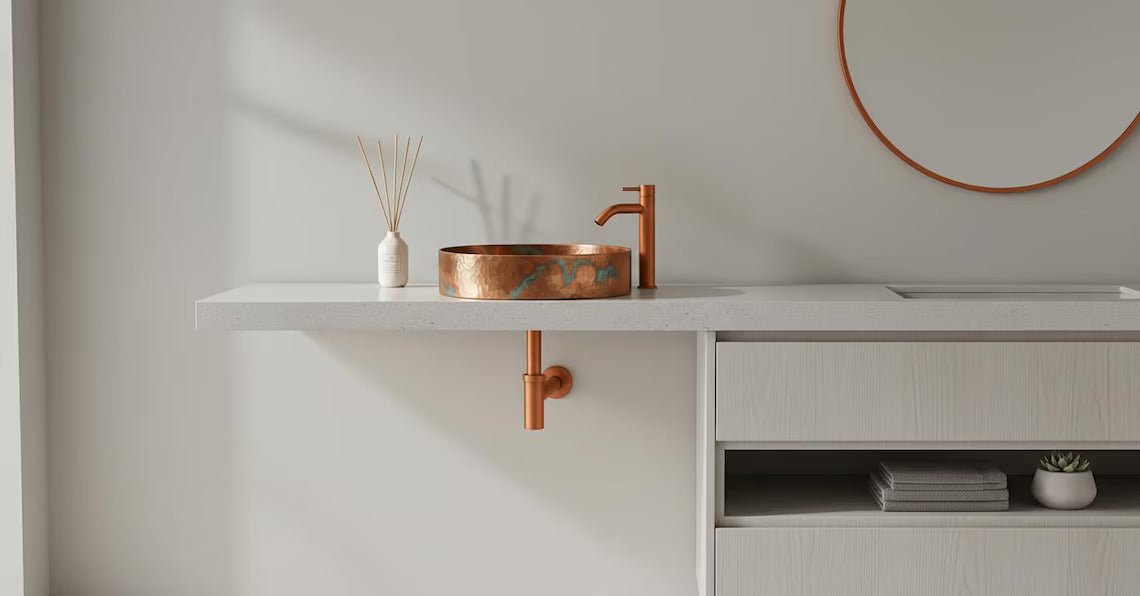 Hand-Hammered Copper Vessel Sink - Marbled Green Patina Accents