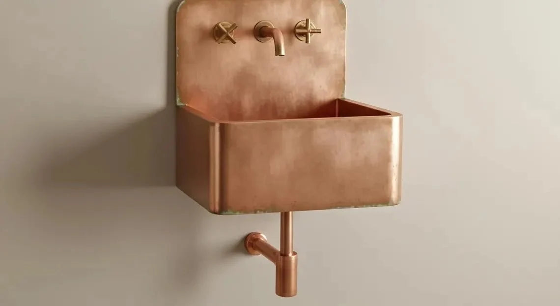 Hand-Hammered Copper Wall Mount Sink - Verdigris Edge Patina & Industrial Backplate
