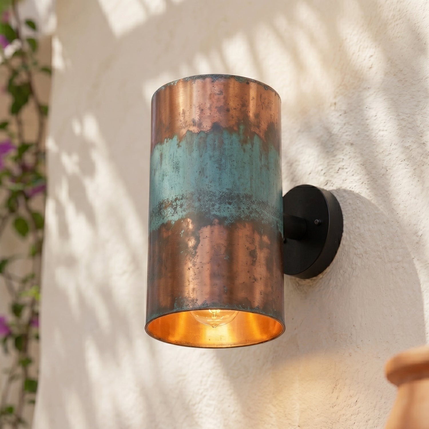 Hand-Hammered Copper Wall Sconce - Cylindrical Patina Design