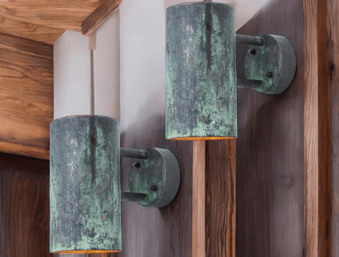 Hand-Hammered Cylindrical Copper Wall Sconce - Aged Verdigris Green Patina