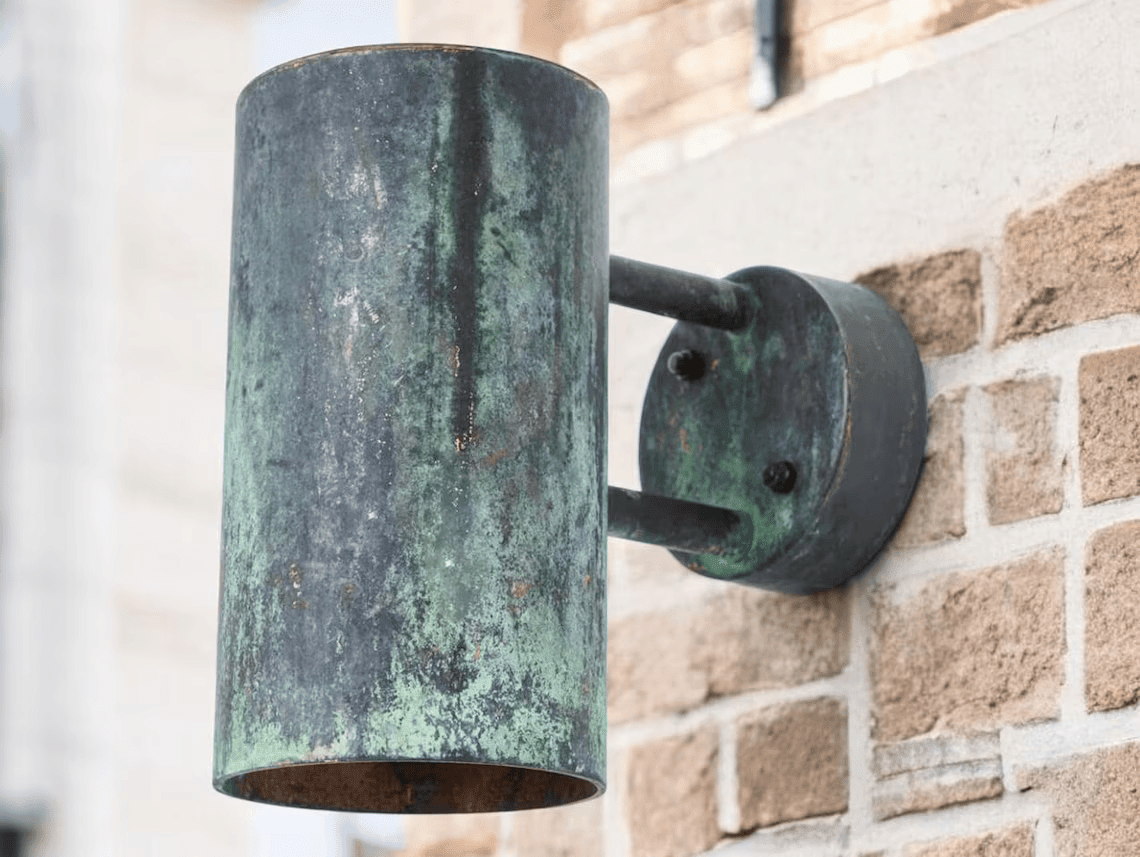 Hand-Hammered Cylindrical Copper Wall Sconce - Aged Verdigris Green Patina