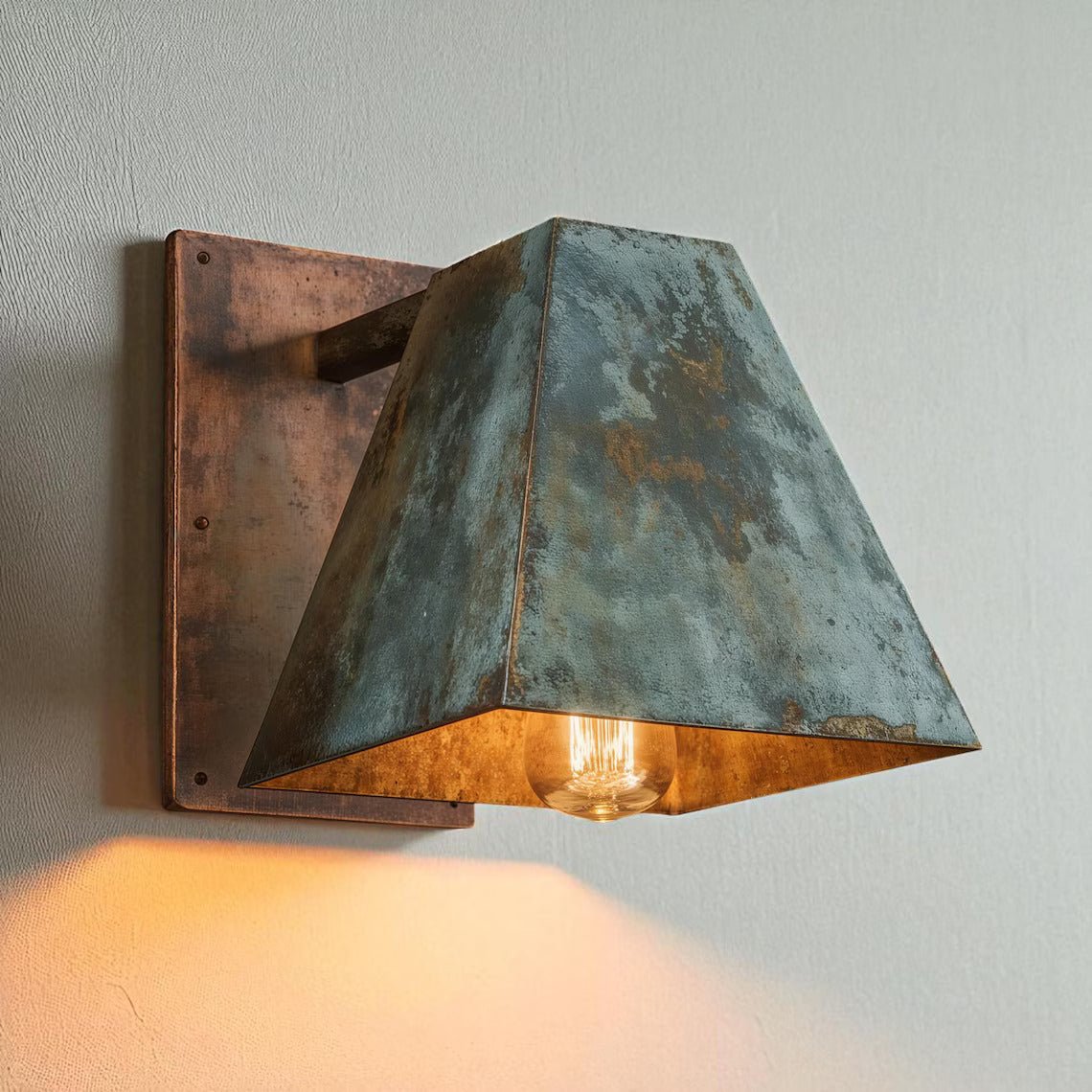 Hand-Hammered Geometric Copper Wall Sconce - Aged Green Patina Outdoor Light