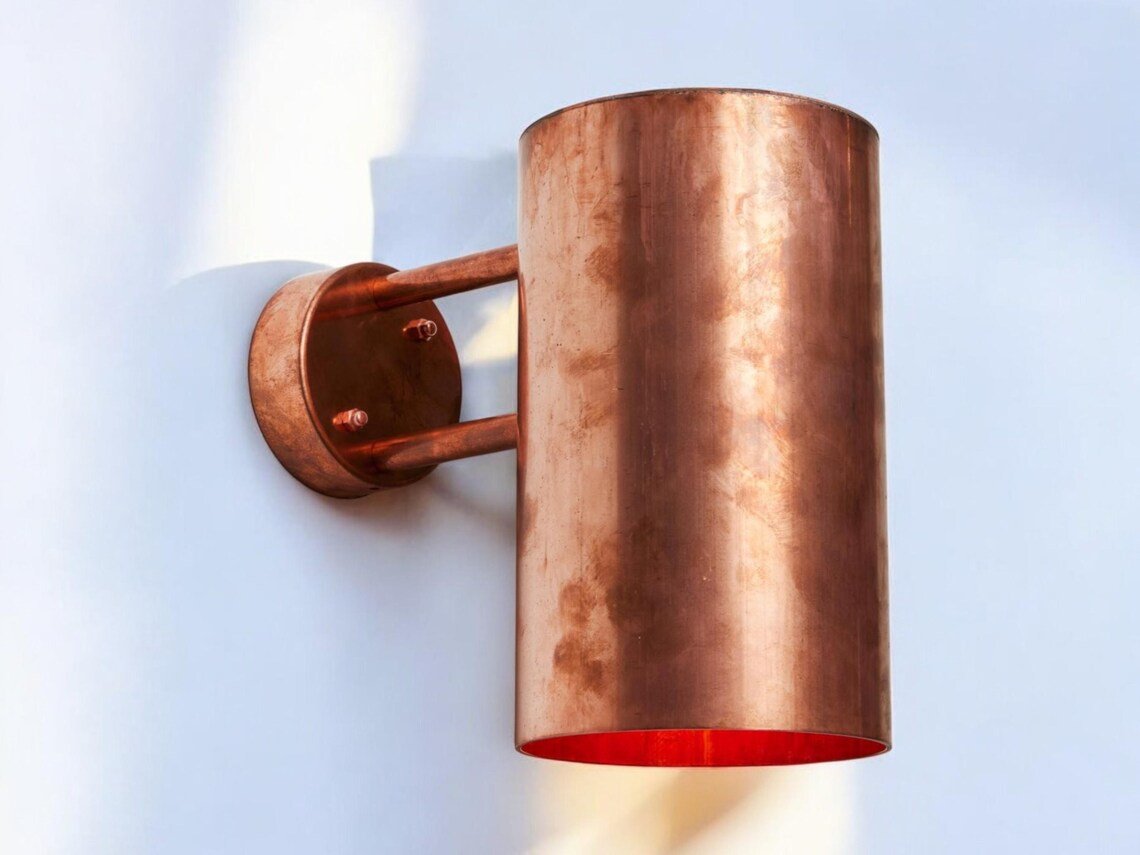 Hand-Hammered Raw Copper Wall Sconce - Minimalist Cylindrical Outdoor Light