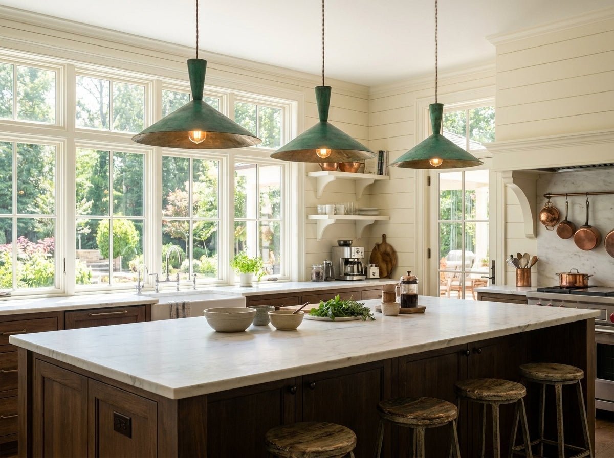 Handcrafted Brass Dome Pendant Light - Green Patina Ceiling Lamp