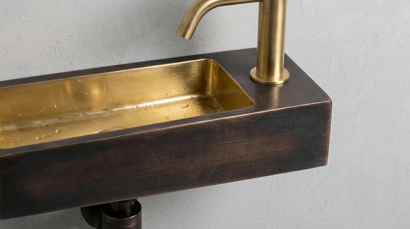 Handcrafted Brass Sink, Oil Rubbed Wall Mounted Floating Basin, Smooth Rectangular Washbasin,  Metal Vanity, Dark Brass Bathroom Wash Sinks