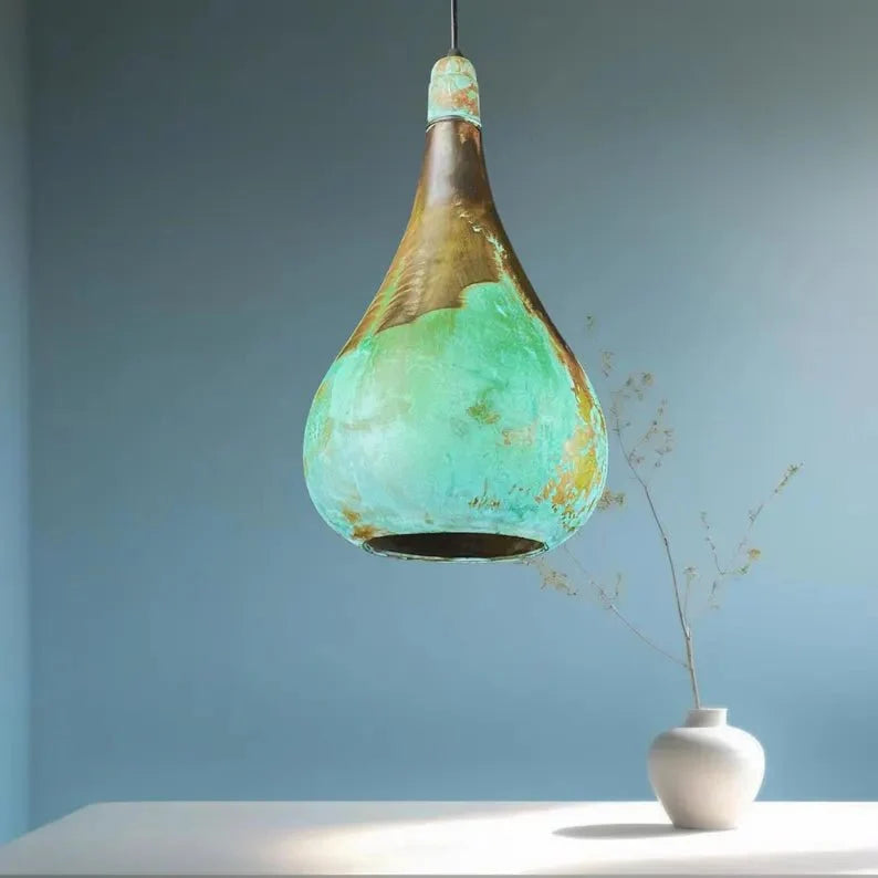 Handcrafted Patina Copper Pendant Light - Rustic Green Ceiling Lamp