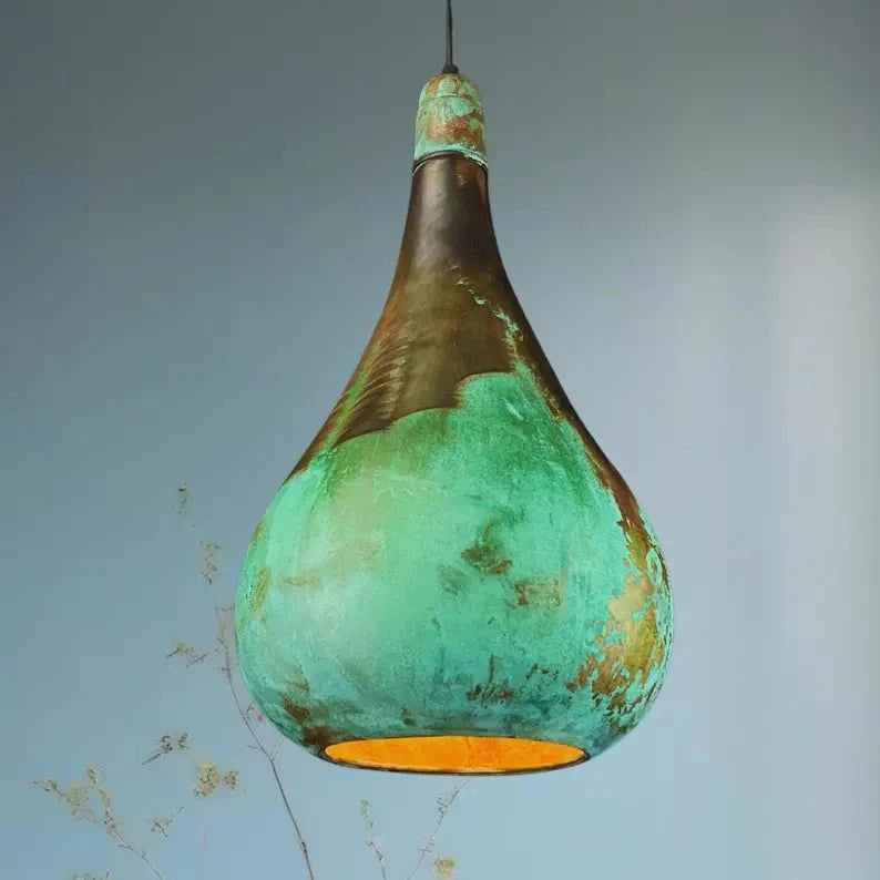 Handcrafted Patina Copper Pendant Light - Rustic Green Ceiling Lamp