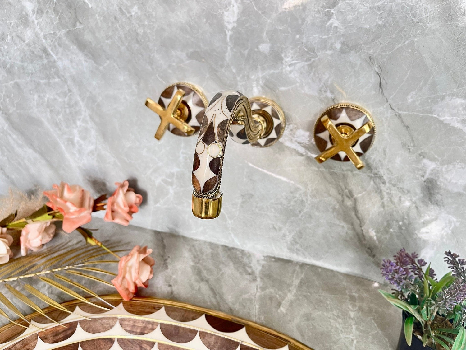 Handcrafted Resin & Brass Wall Mounted Faucet - Gooseneck Bathroom Tap