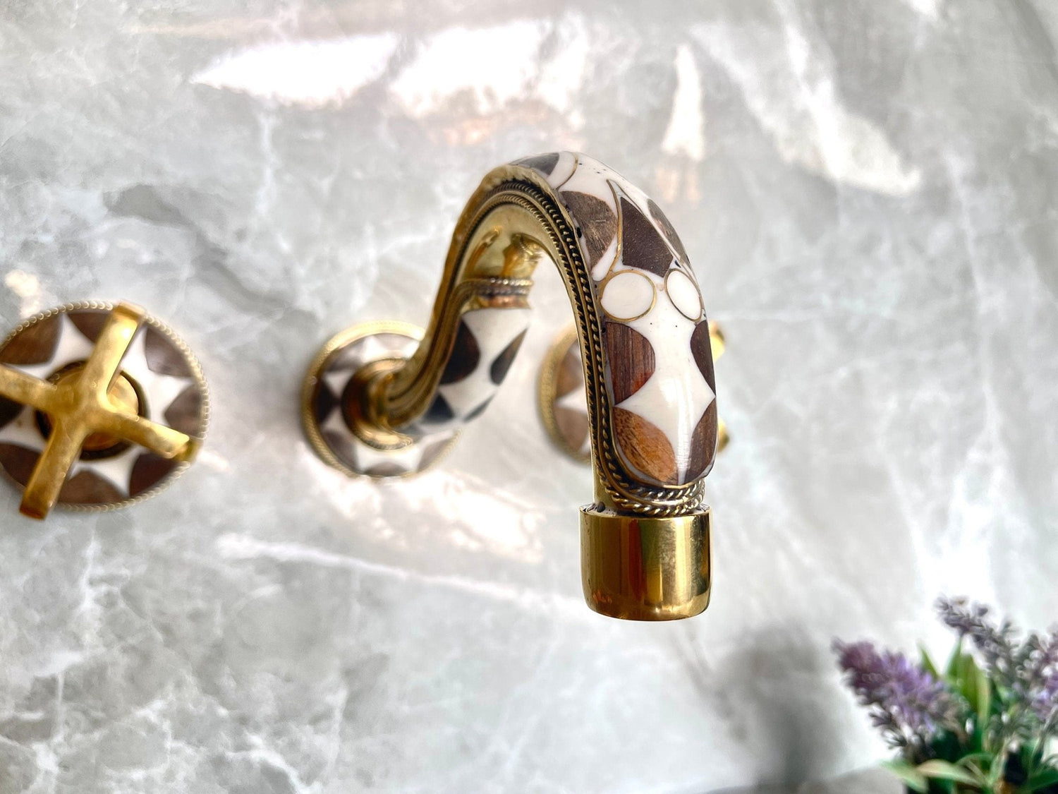 Handcrafted Resin & Brass Wall Mounted Faucet - Gooseneck Bathroom Tap
