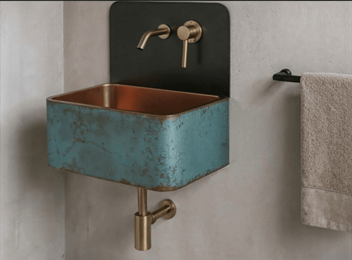 Handcrafted Wall-Mounted Blue Patina Copper Sink - Industrial Vanity Basin Set