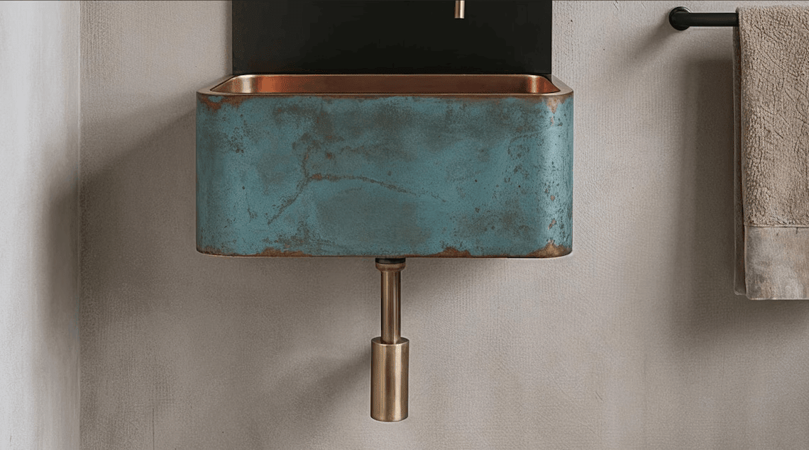 Handcrafted Wall-Mounted Blue Patina Copper Sink - Industrial Vanity Basin Set
