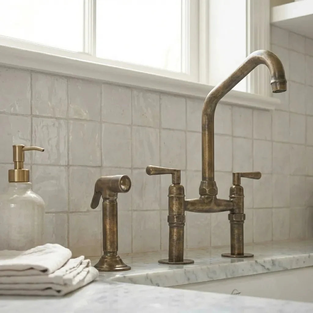 Handmade Antique Brass Bridge Kitchen Faucet for Elegant Homes