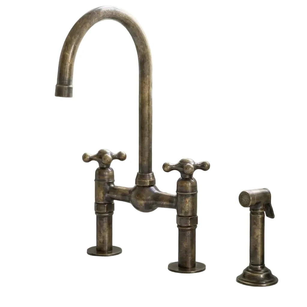 Handmade Antique Brass Gooseneck Bridge Kitchen Faucet