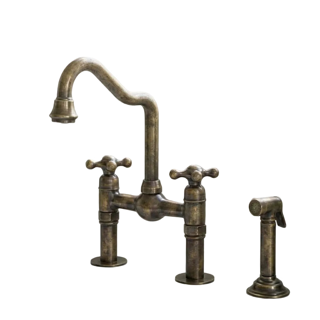 Antique Brass Bridge Kitchen Faucet with S-Curve Spout