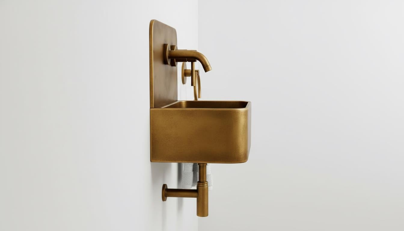 Handmade Antique Brass Wall Mounted Bathroom Sink, Rustic Vintage Basin with a hot and cold water Faucet Option & P-Trap