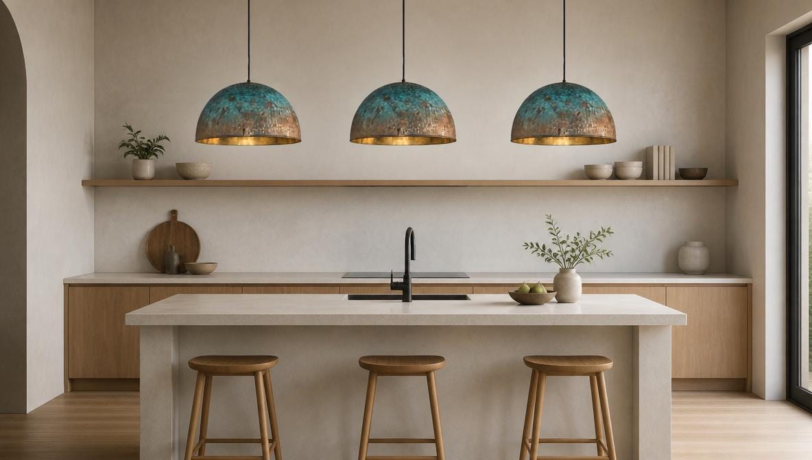 Handmade Blue Patina Brass Dome Pendant Light: Perforated Rustic Hanging Lamp
