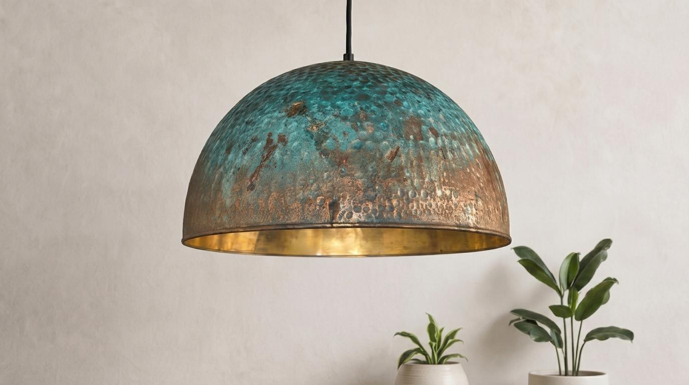 Handmade Blue Patina Brass Dome Pendant Light: Perforated Rustic Hanging Lamp