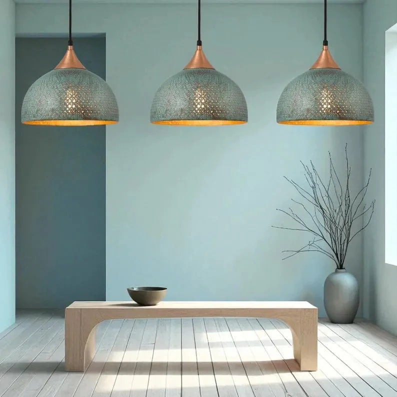 Handmade Blue Patina Brass Dome Pendant Light - Perforated Rustic Hanging Lamp