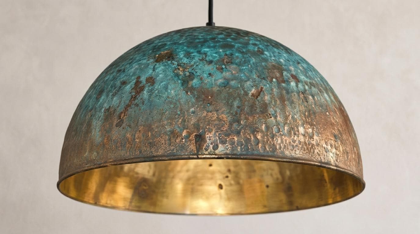 Handmade Blue Patina Brass Dome Pendant Light: Perforated Rustic Hanging Lamp