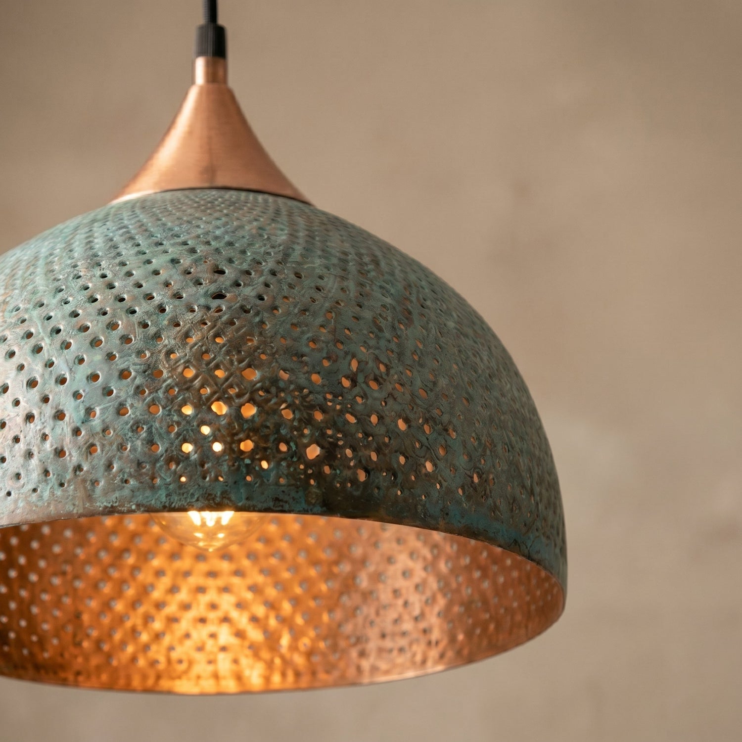 Handmade Blue Patina Brass Dome Pendant Light - Perforated Rustic Hanging Lamp
