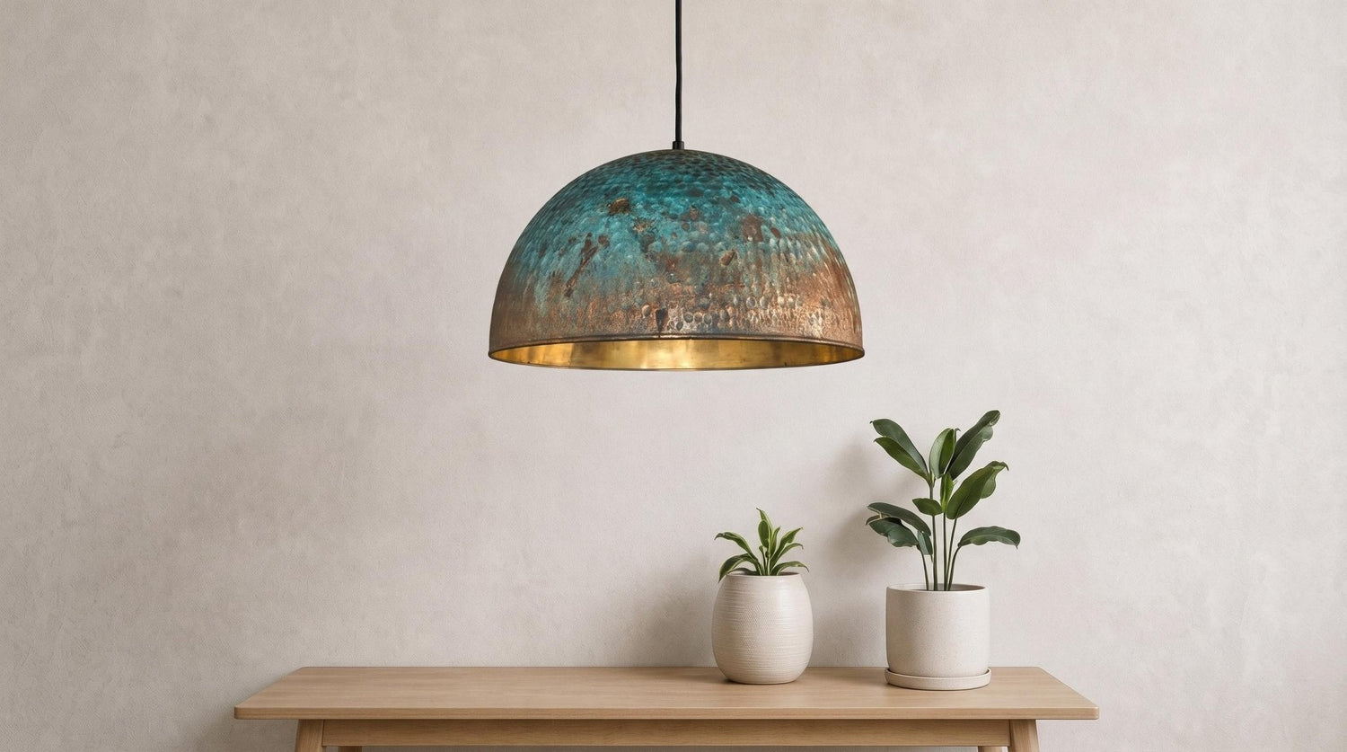 Handmade Blue Patina Brass Dome Pendant Light: Perforated Rustic Hanging Lamp