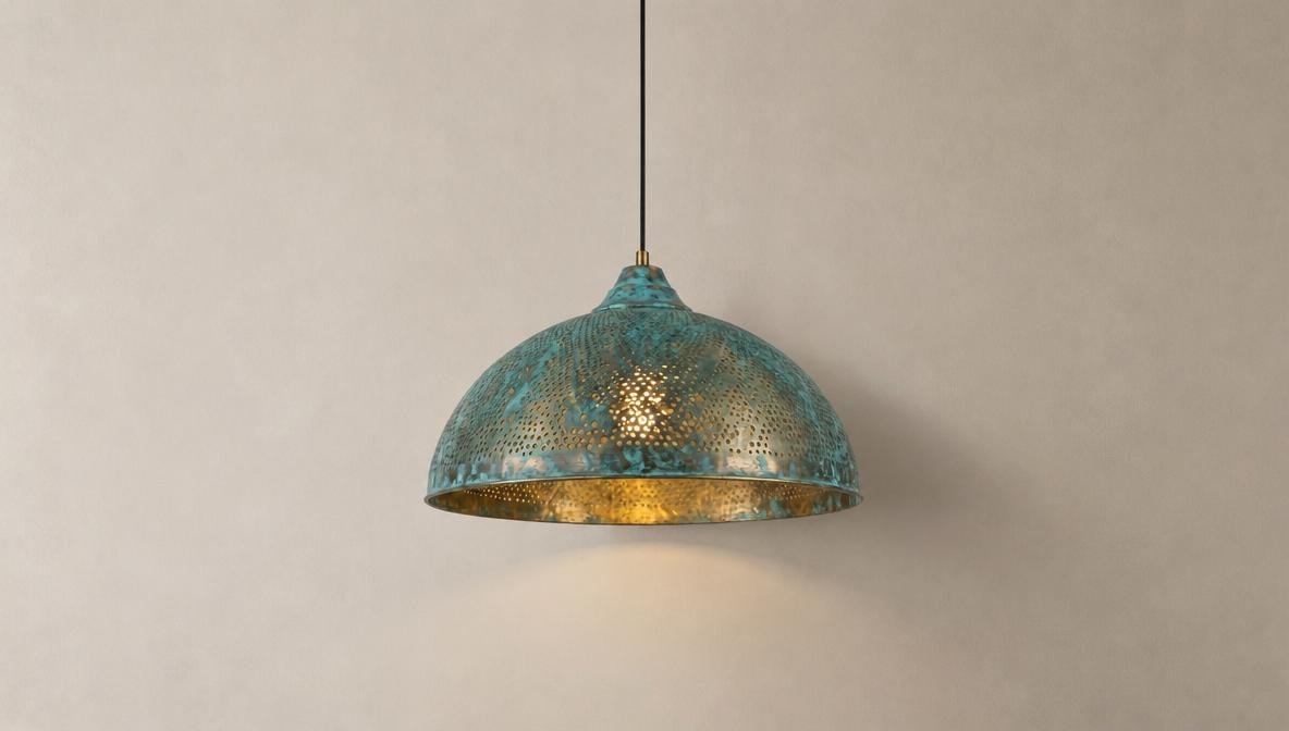 Handmade Blue Patina Brass Dome Pendant Light: Rustic Vintage Hanging Lamp