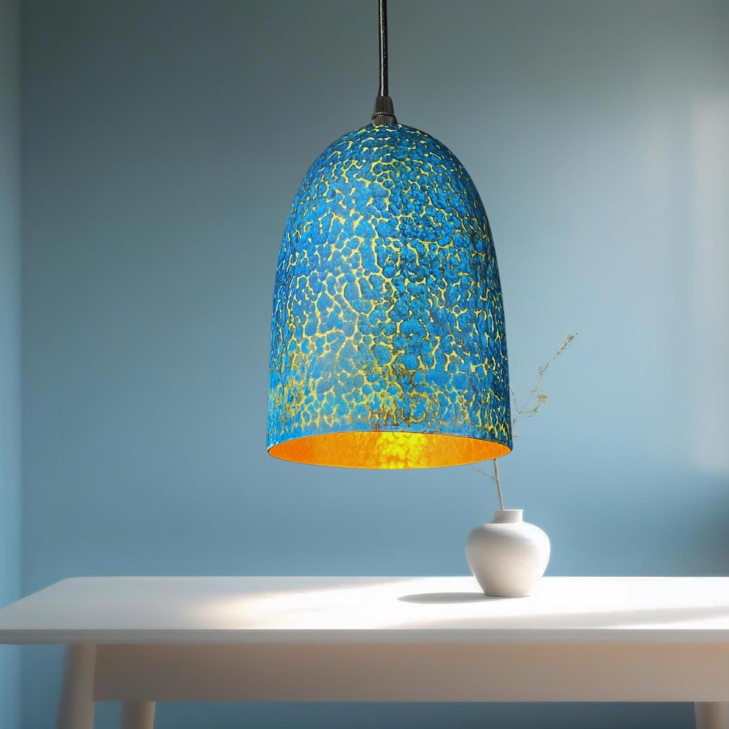Handmade Blue Patina Brass Pendant Light: Rustic Dome Ceiling Lamp