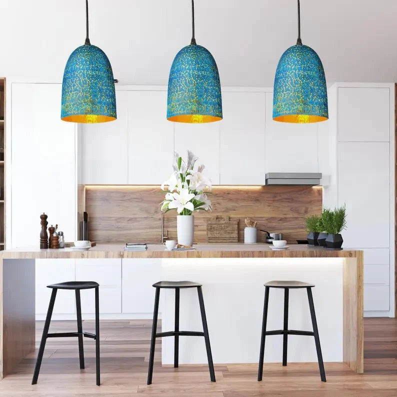 Handmade Blue Patina Brass Pendant Light - Rustic Dome Ceiling Lamp