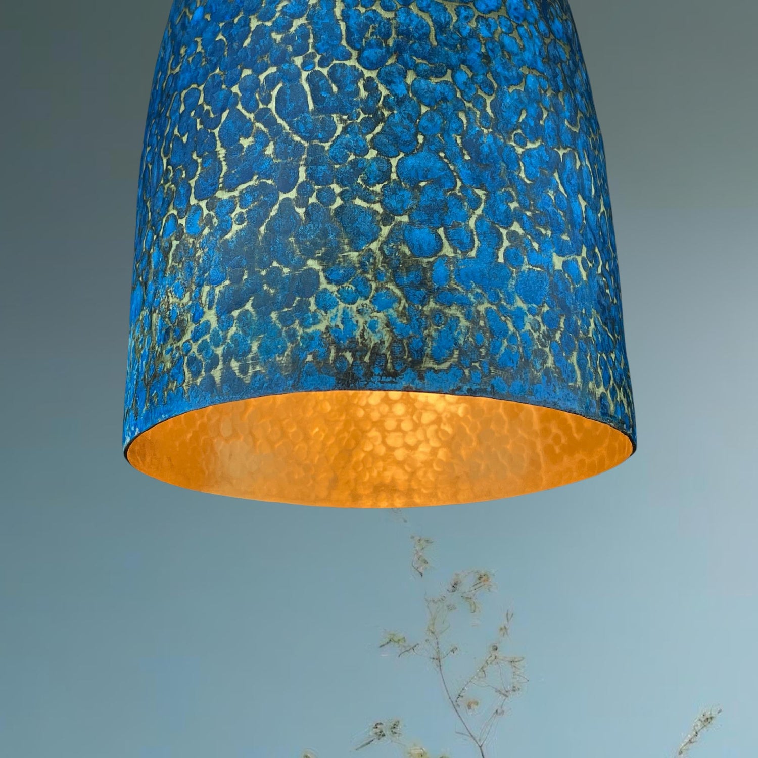 Handmade Blue Patina Brass Pendant Light: Rustic Dome Ceiling Lamp