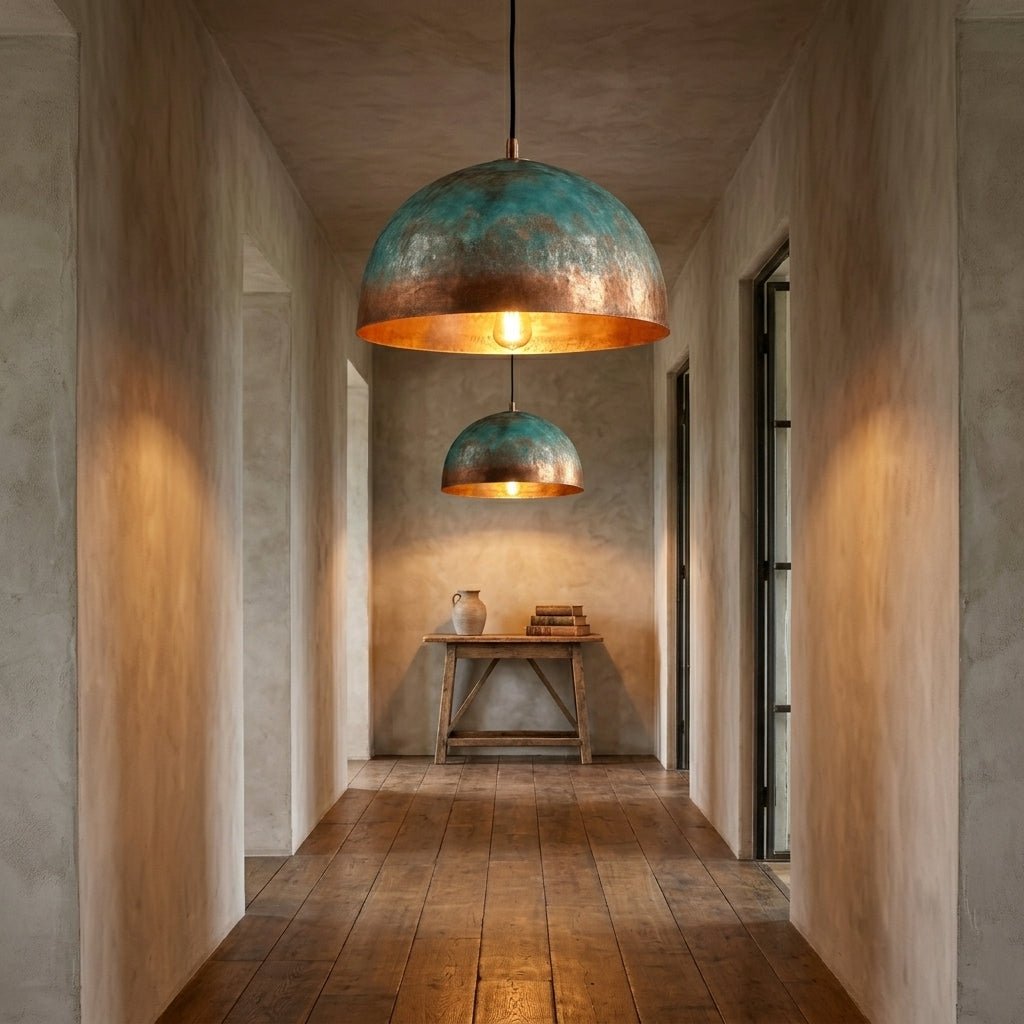 Handmade Blue Patina Copper Dome Pendant Light - Rustic Chandelier