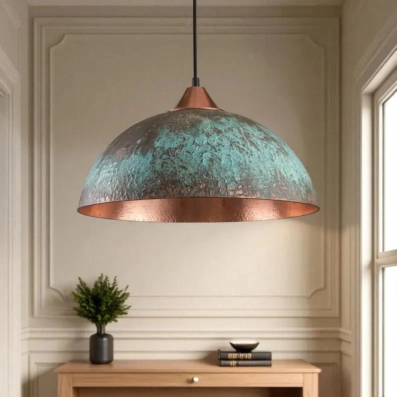Handmade Blue Patina Copper Dome Pendant Light - Rustic Vintage Hanging Lamp
