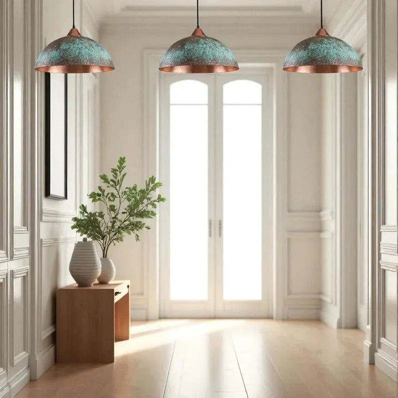 Handmade Blue Patina Copper Dome Pendant Light - Rustic Vintage Hanging Lamp