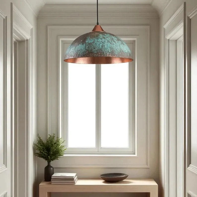 Handmade Blue Patina Copper Dome Pendant Light - Rustic Vintage Hanging Lamp