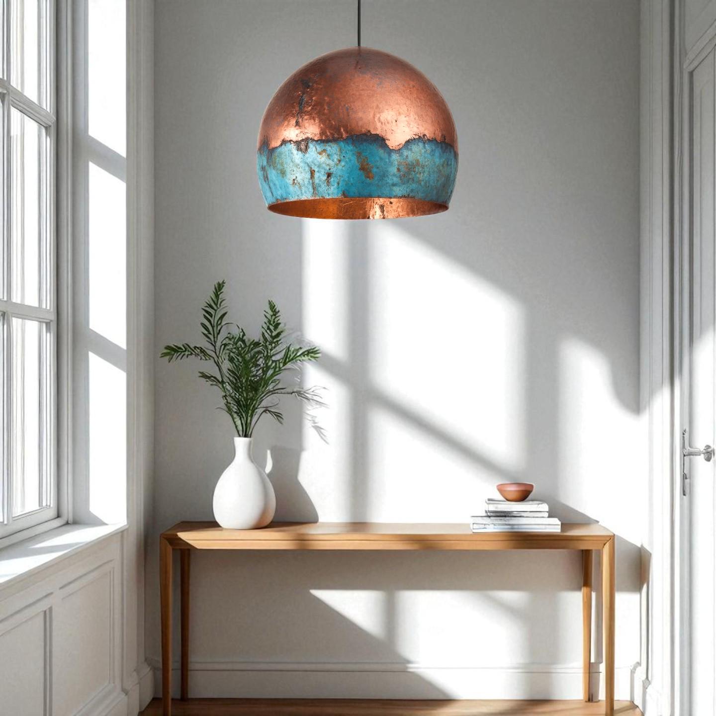 Handmade Blue Patina Copper Pendant Light: Rustic Industrial Dome Lamp