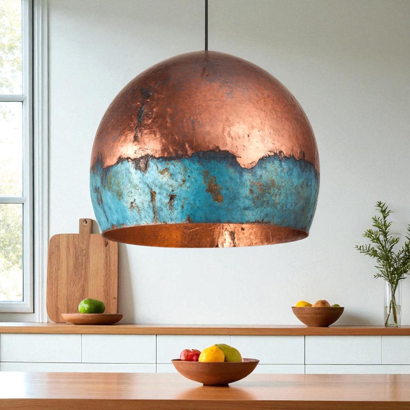 Handmade Blue Patina Copper Pendant Light: Rustic Industrial Dome Lamp