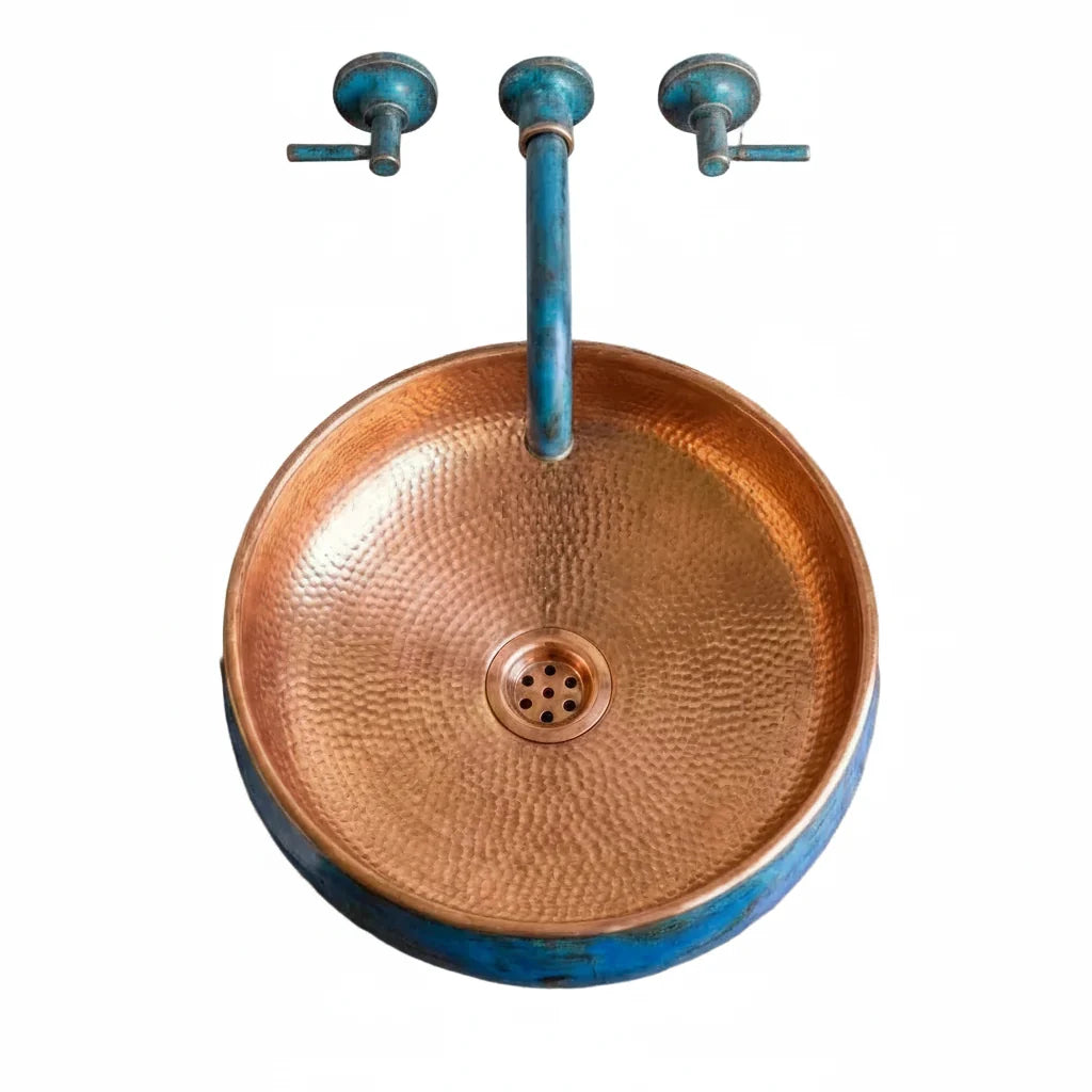 Blue Patina Copper Vessel Sink for Bathroom Decor Handmade Bathroom Sink