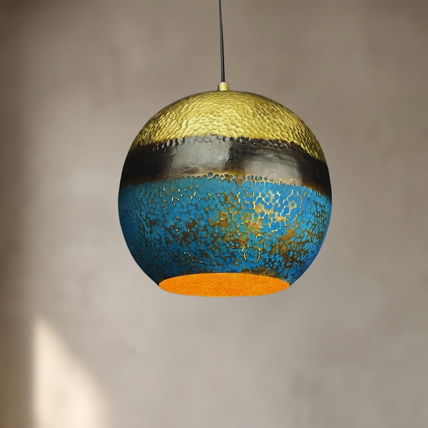 Handmade Brass Dome Pendant Light - Blue Gold Patina & Hammered Texture