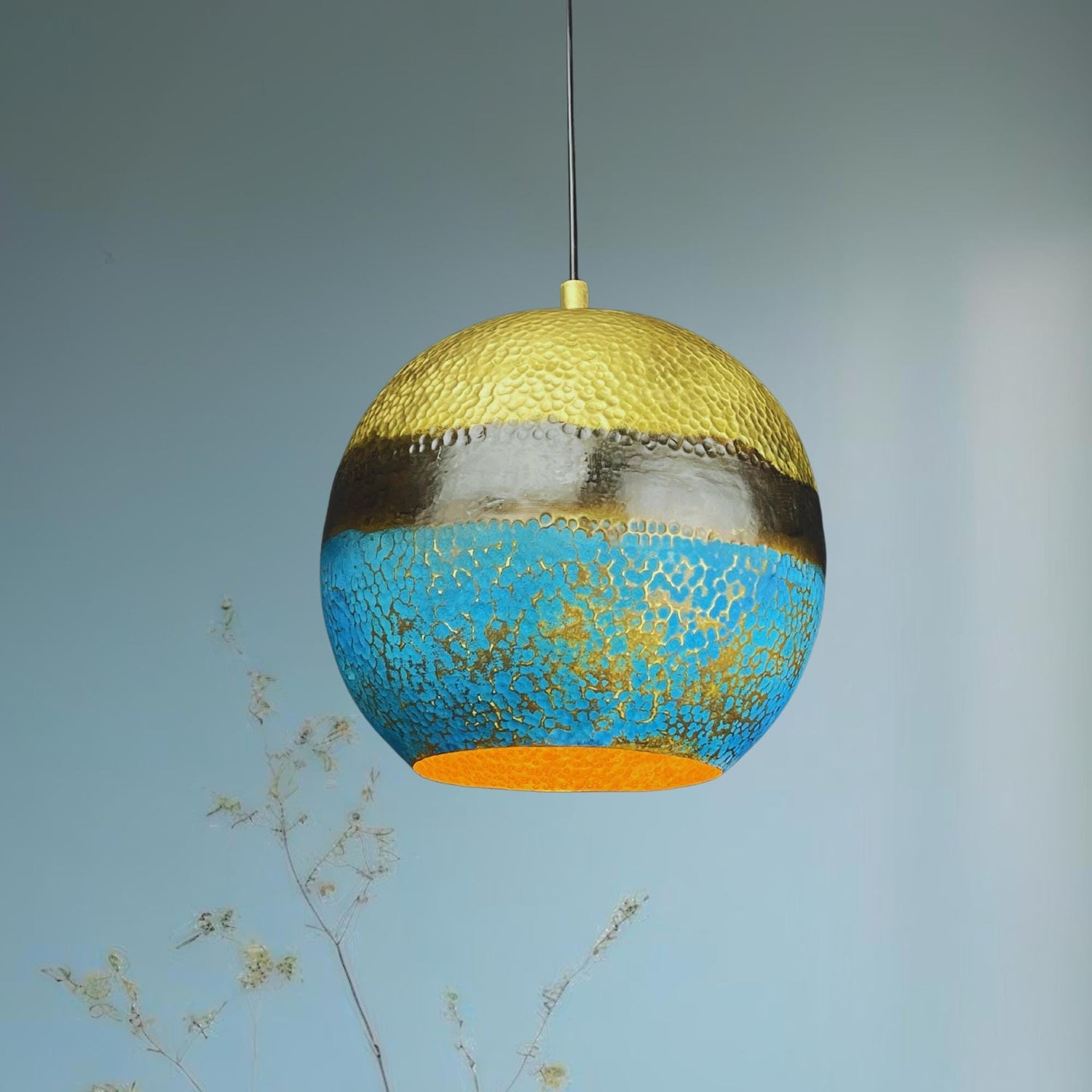 Handmade Brass Dome Pendant Light: Blue Gold Patina, Hammered Texture