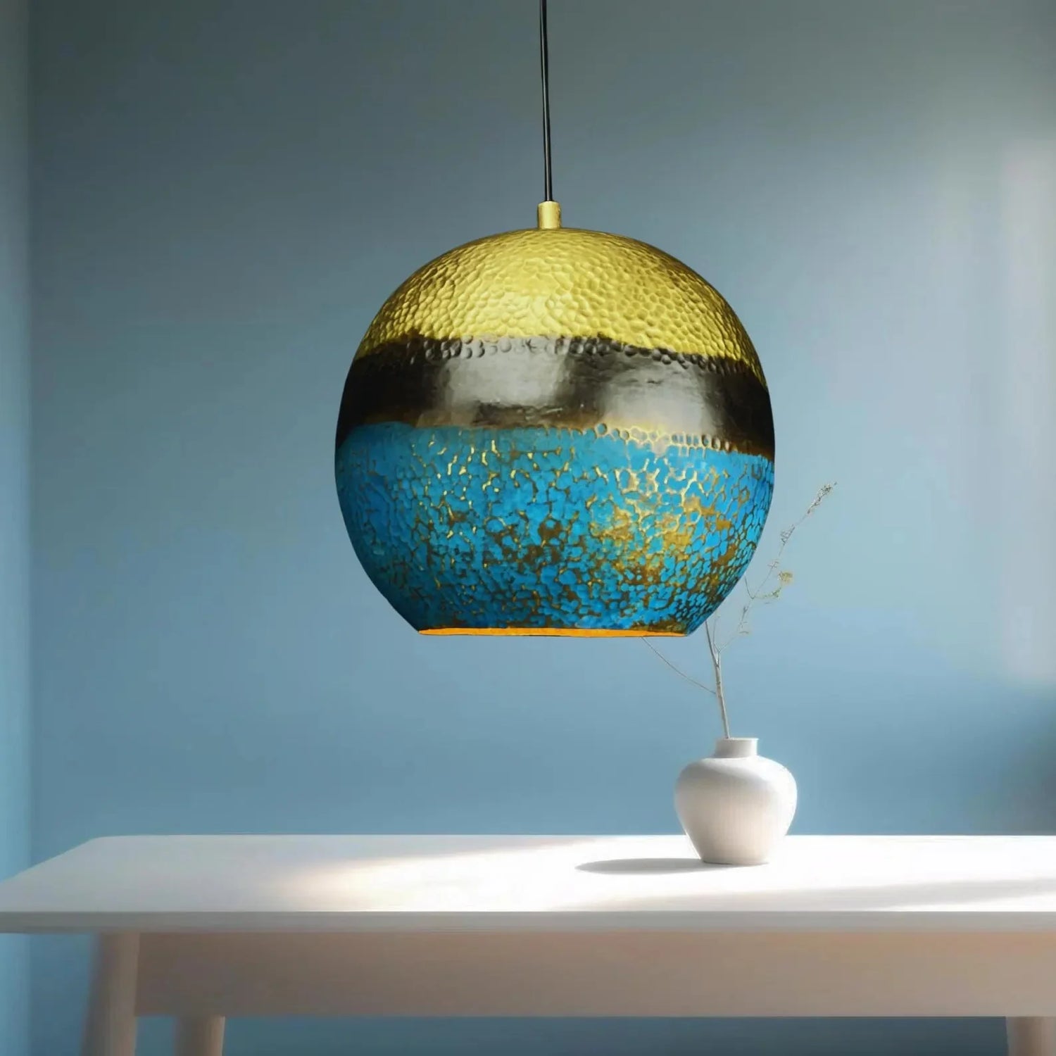 Handmade Brass Dome Pendant Light - Blue Gold Patina & Hammered Texture