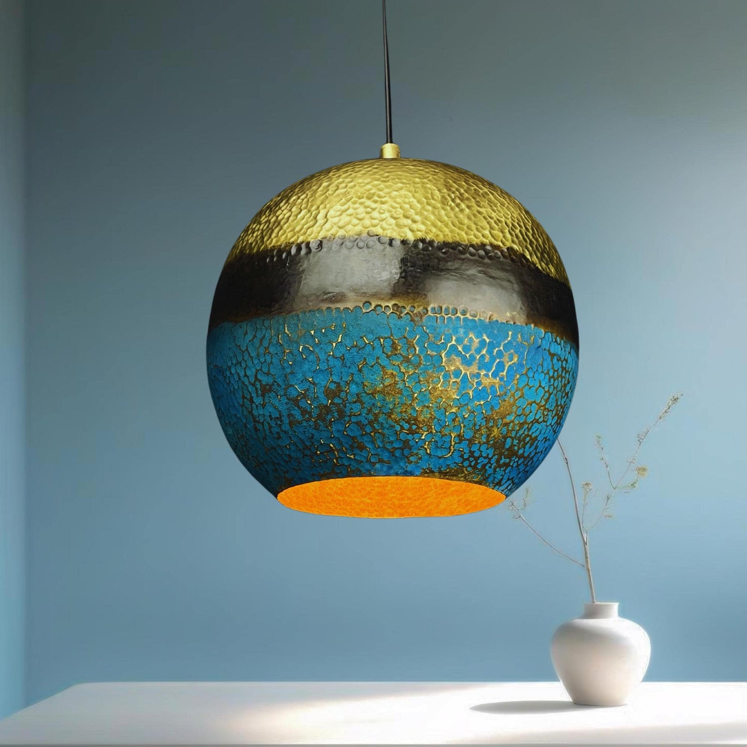 Handmade Brass Dome Pendant Light: Blue Gold Patina, Hammered Texture