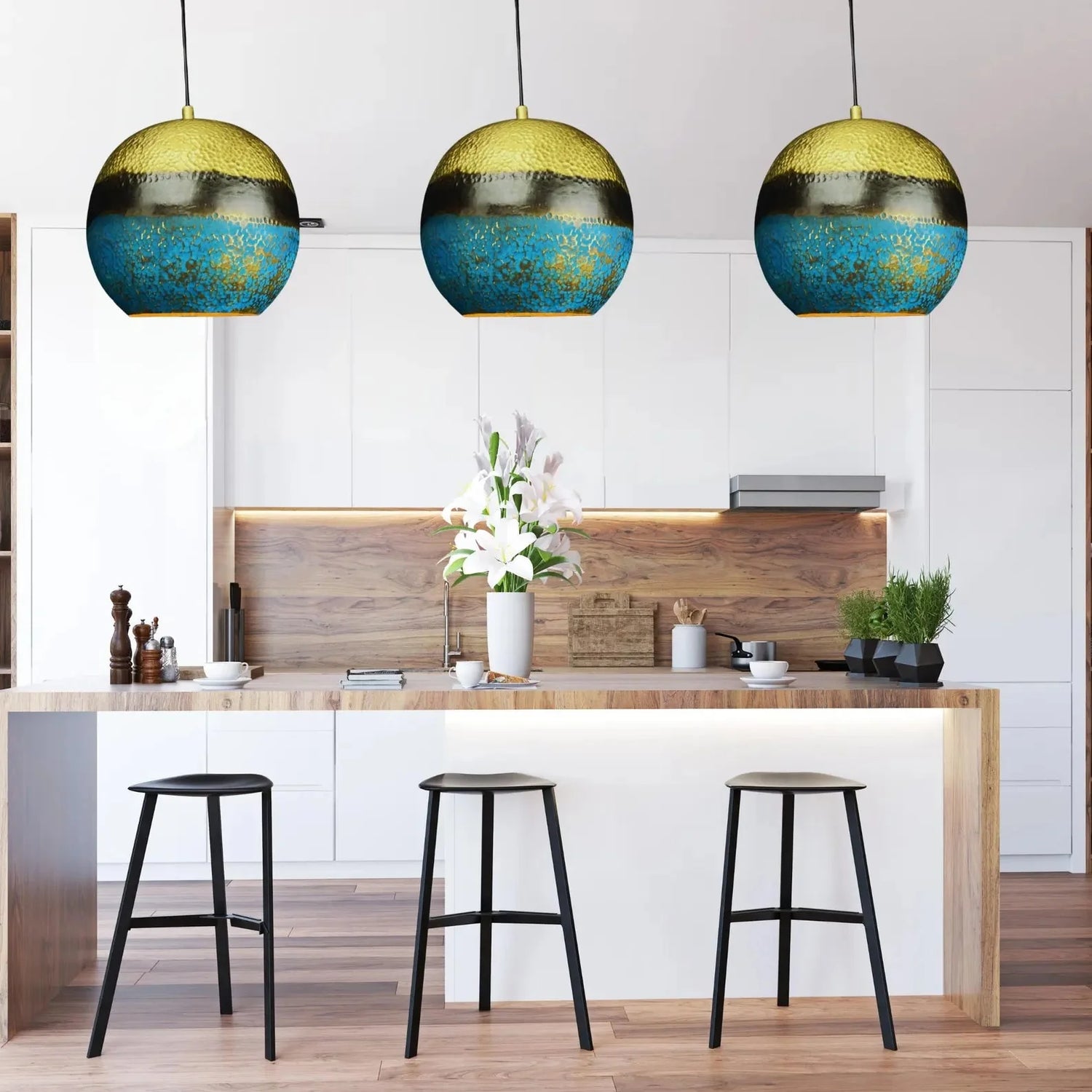 Handmade Brass Dome Pendant Light - Blue Gold Patina & Hammered Texture