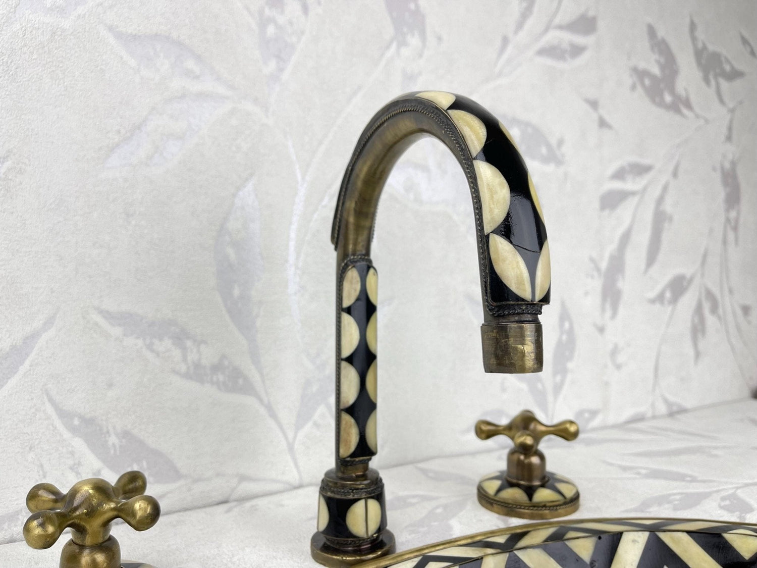 Handmade Brass Faucet & Sink Set - Resin & Bone Details Bronze Finish